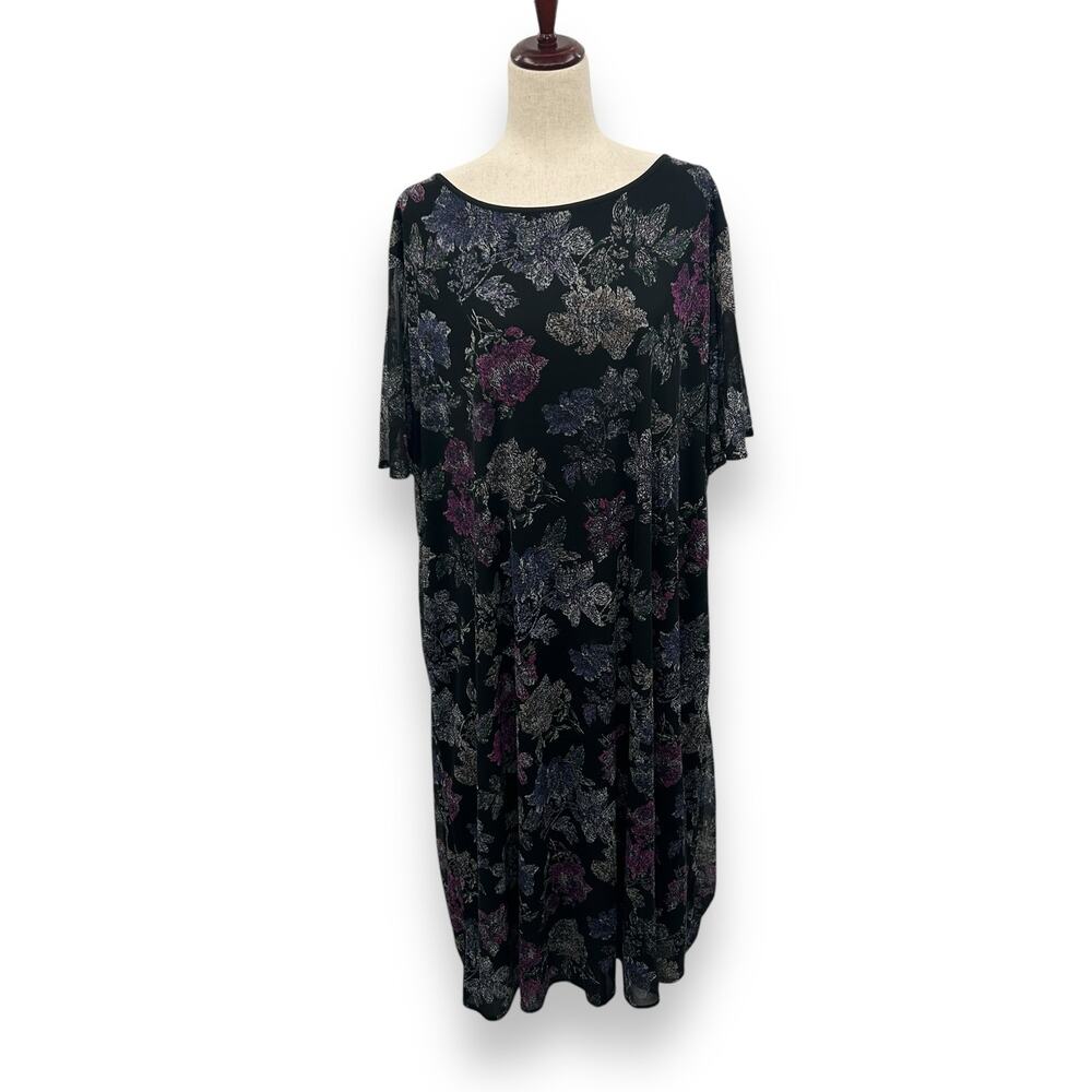 Catherines Dark Floral Shift Dress Size 4X 30/32W Stretchy Mesh Overlay Whimsy
